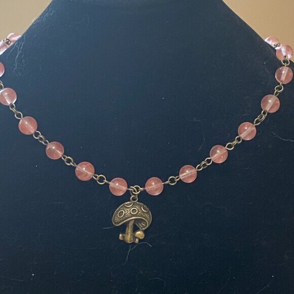 Cute Cherry Quartz Bronze Round Mushroom Adjustable Pendant Choker - Picture 3 of 16